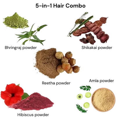 Natural Amla, Reetha, Bhrinjraj, Shikakai & Hibiscus Powder combo for hair (50 grams each) 250 gm